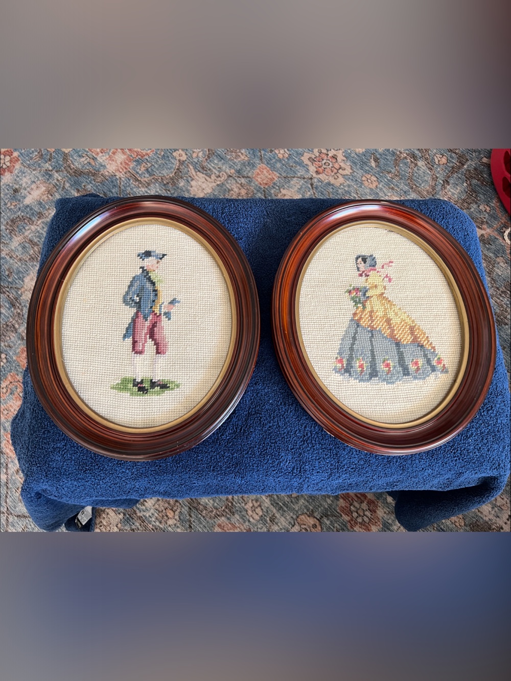 Vintage Needlepoint Framed Colonial Man and Woman Pair - Cream, Gray, Pink, Blue